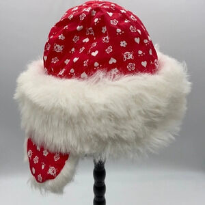 Lindex Fur and Fabric Ear Flap Baby Hat in Red & White - Size 42/44